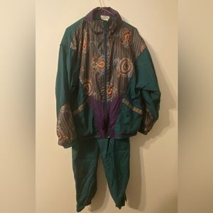 Vintage 1980s Laura Katherine Green Paisley 2-Piece Jogging Suit Pants Jacket Sm